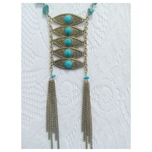Shyanne Faux Turquoise and Gold Tone Tassel Necklace With Adjustable Length Chai